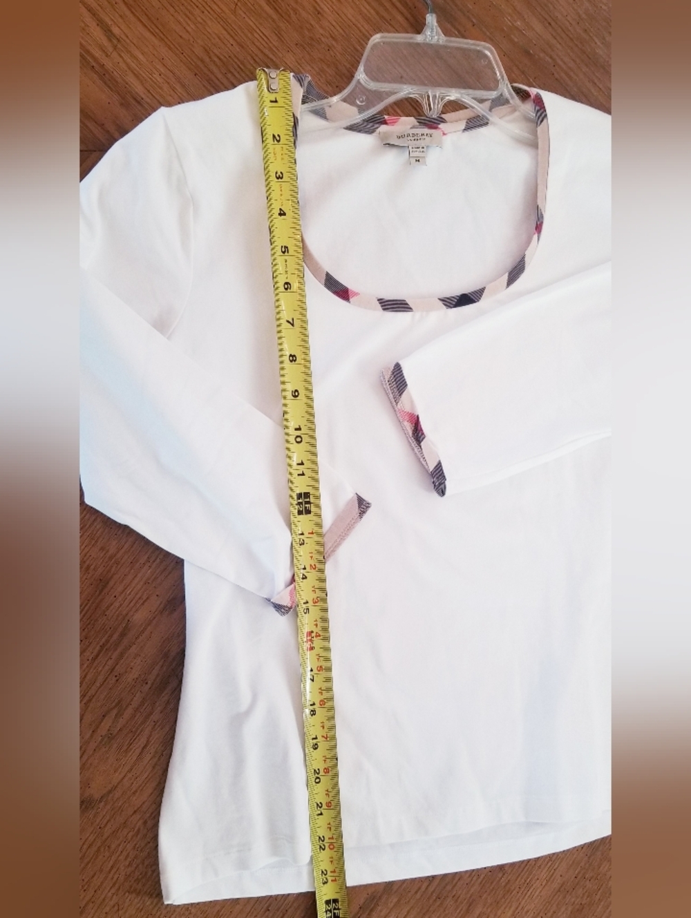 Burberry London White Cotton Top Nova Check Trim 3/4 Sleeve Size M - Picture 10 of 16